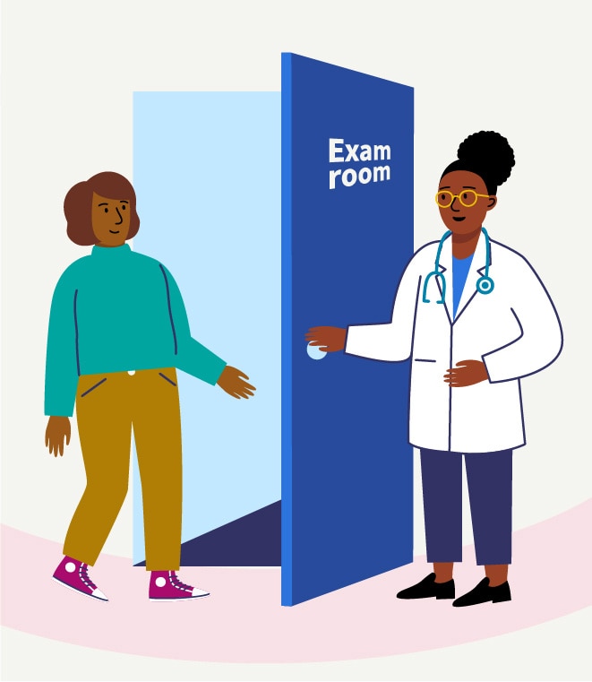 Graphic of woman going into breast cancer exam room
