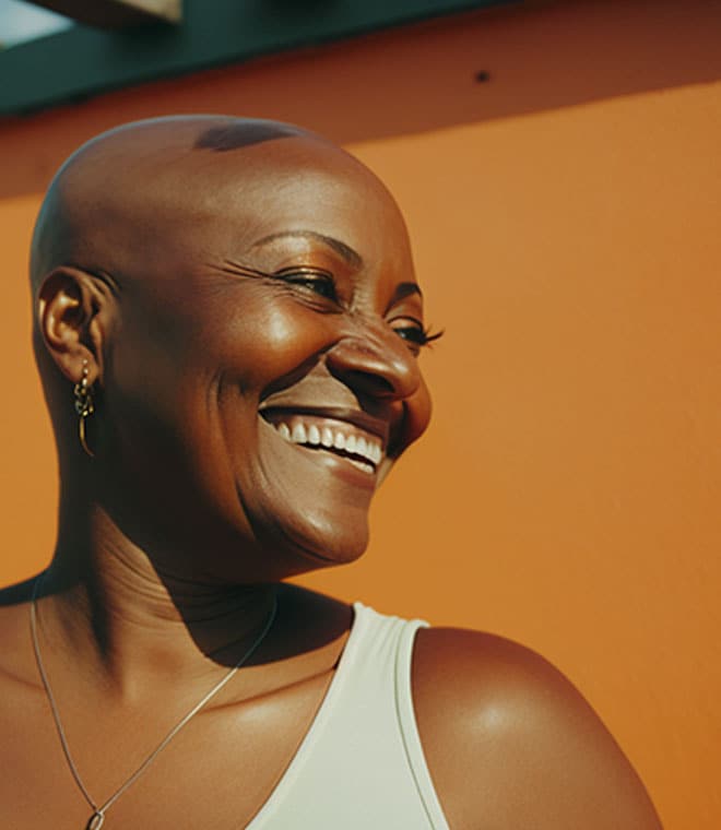 A bald woman look at something and laughing