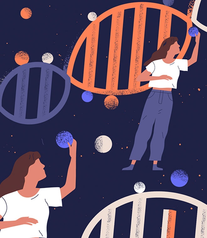 Graphic of a woman in space with DNA