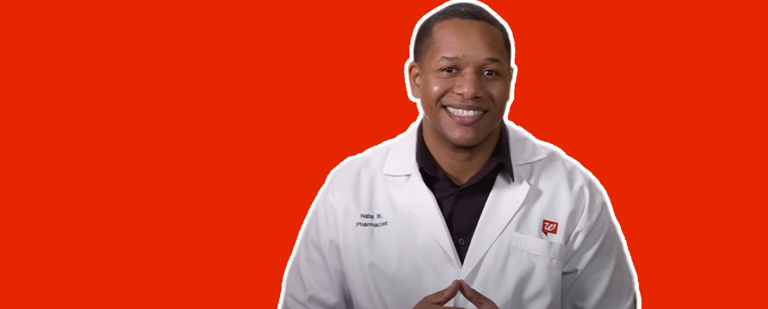 Pharmacist Nate on red background