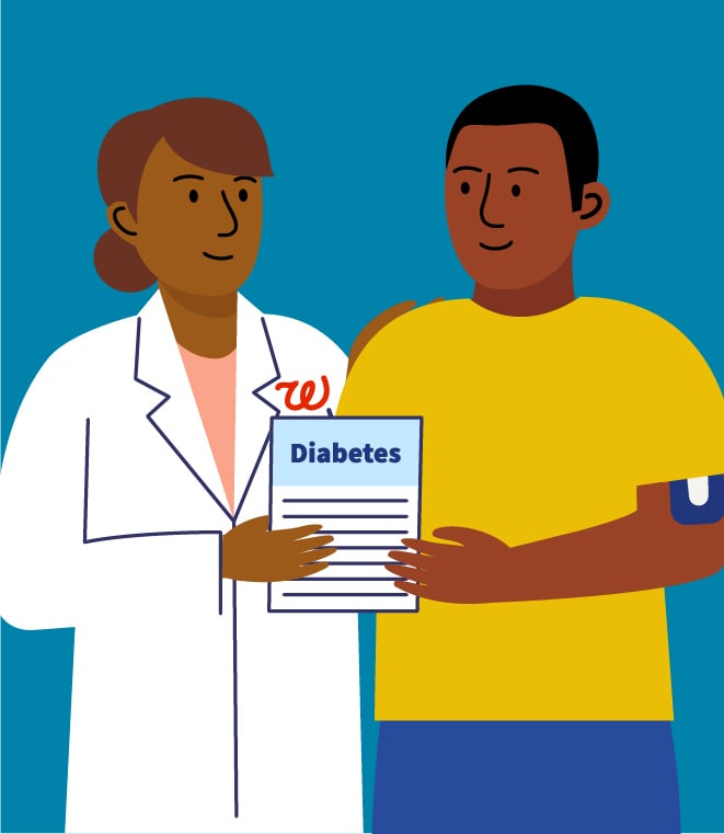 Graphic of a doctor and patient holding a diabetes flyer