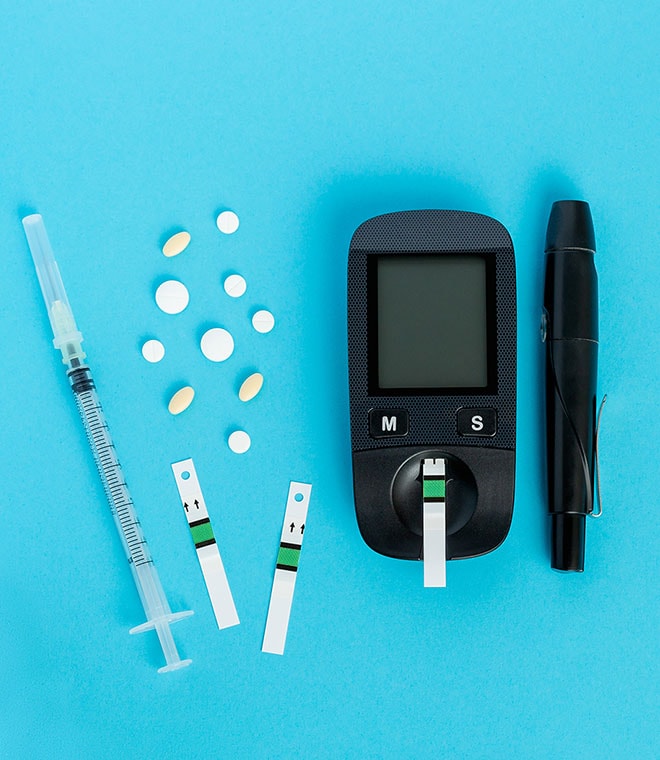 CGM, test strips, insulin syringe, and medications