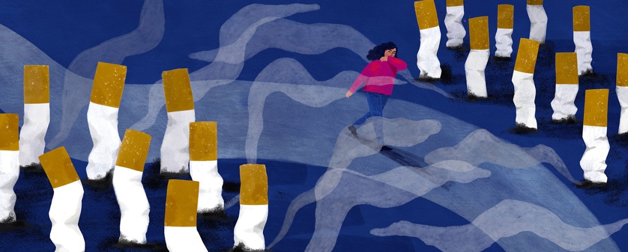 Illustration of a girl walking through cigarette smoke