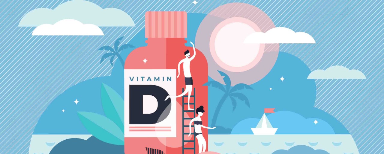 Graphic of vitamin D bottle at the beach